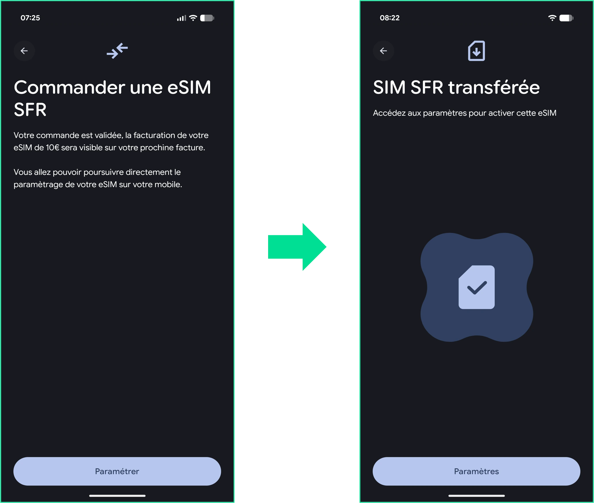 captures d'écran qui illustrent la dernière étape du parcours pour transférer une carte SIM d'un iPhone vers un Google Pixel et la transformer en eSIM