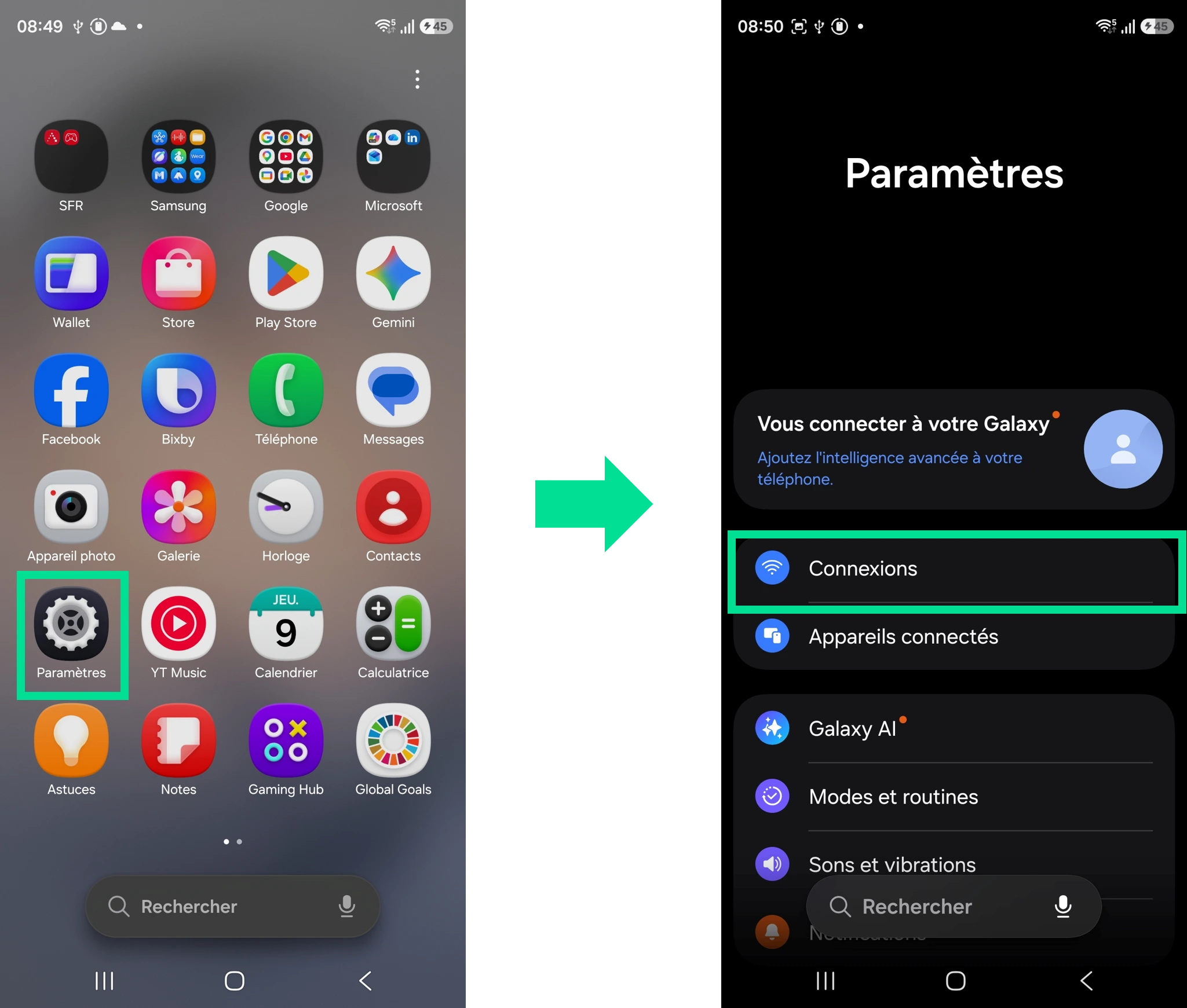 captures d'écran qui illustrent les étapes 1 et 2 du parcours pour transférer une eSIM RED d'un iPhone vers un Samsung