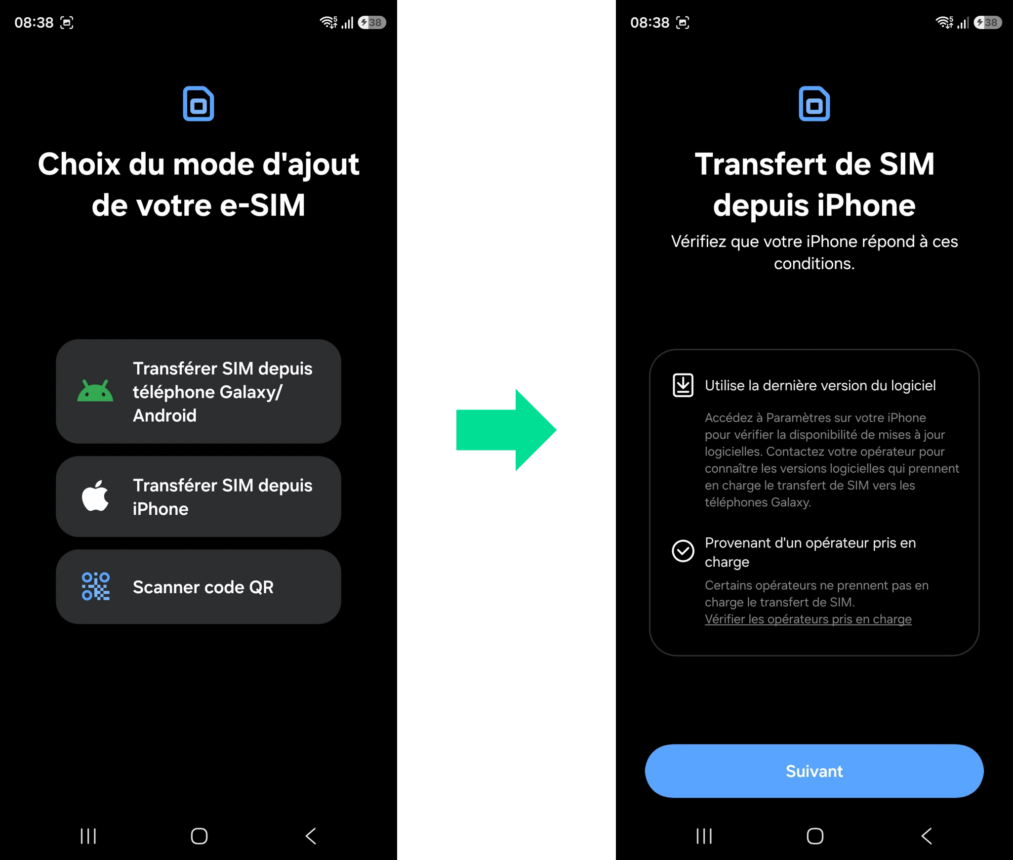 captures d'écran qui illustrent les étapes 5 et 6 du parcours pour transférer une eSIM RED d'un iPhone vers un Samsung
