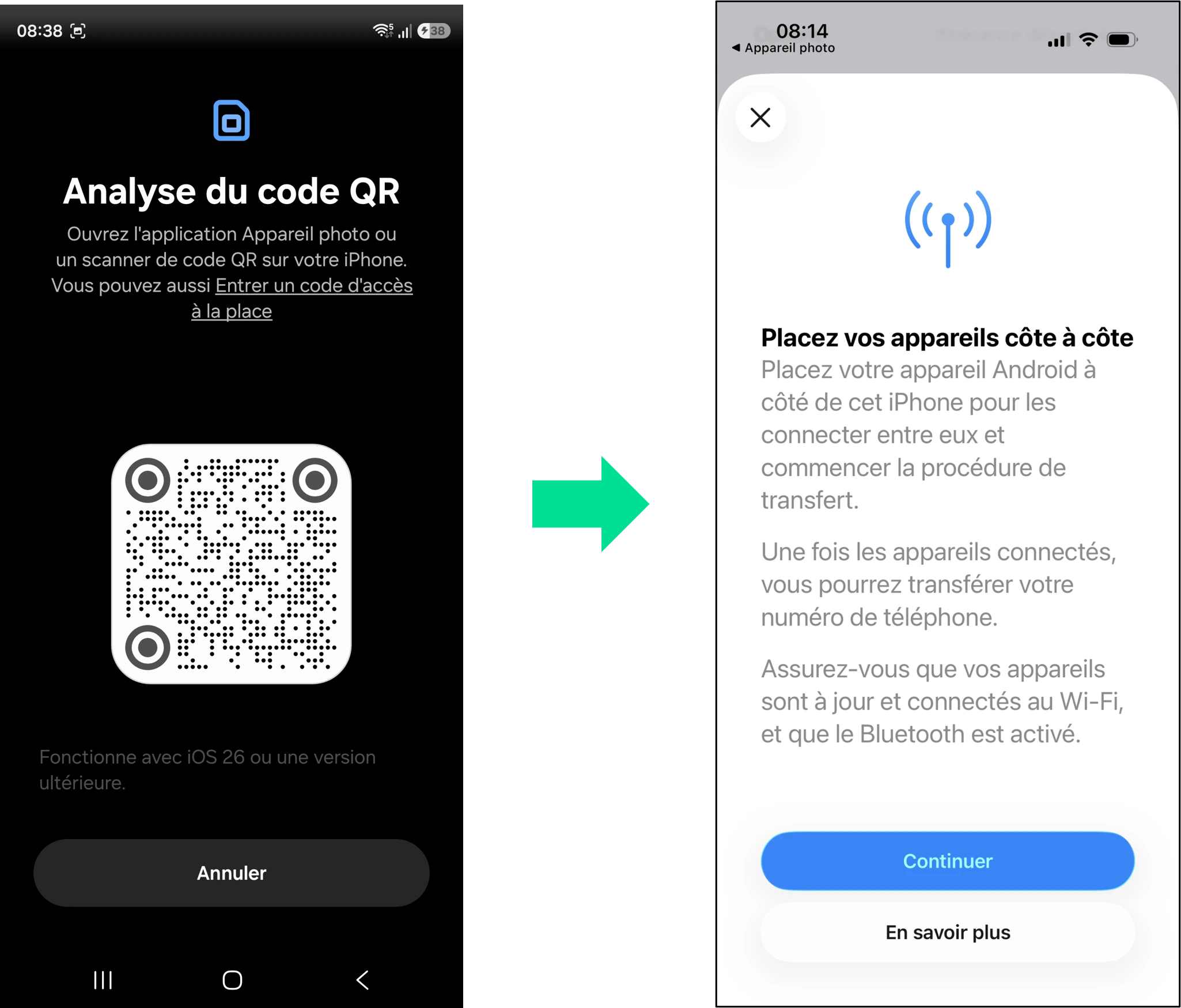captures d'écran qui illustrent les étapes 7 et 8 du parcours pour transférer une eSIM RED d'un iPhone vers un Samsung