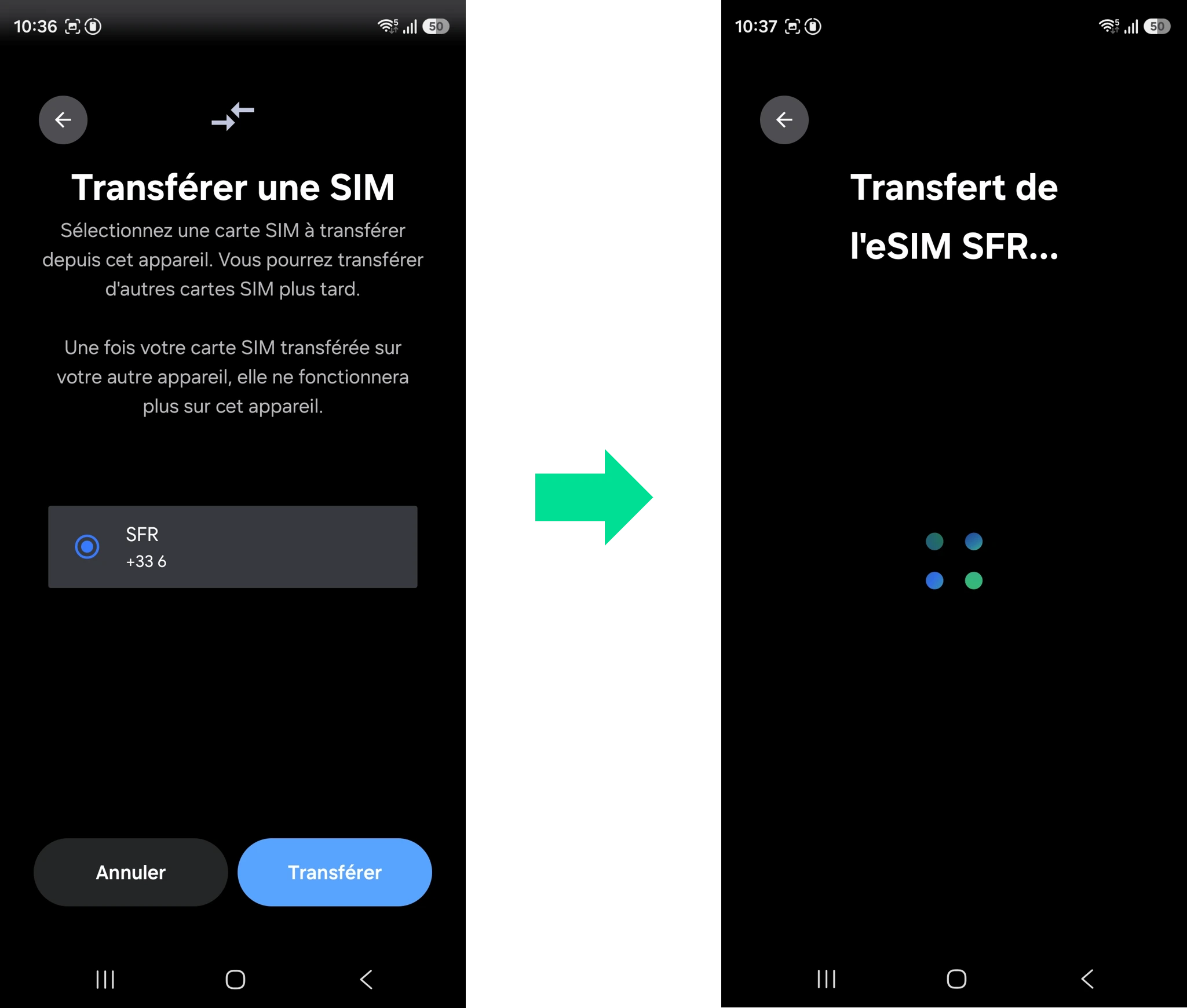 captures d'écran qui illustrent l'étape 7 du parcours pour transférer une eSIM RED d'un Samsung vers un iPhone