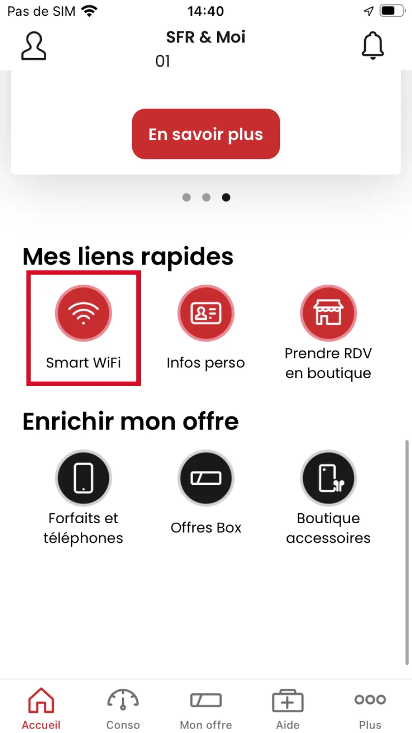 Smar Wifi se situe dans la section Mes raccourcis de votre application SFR & Moi 