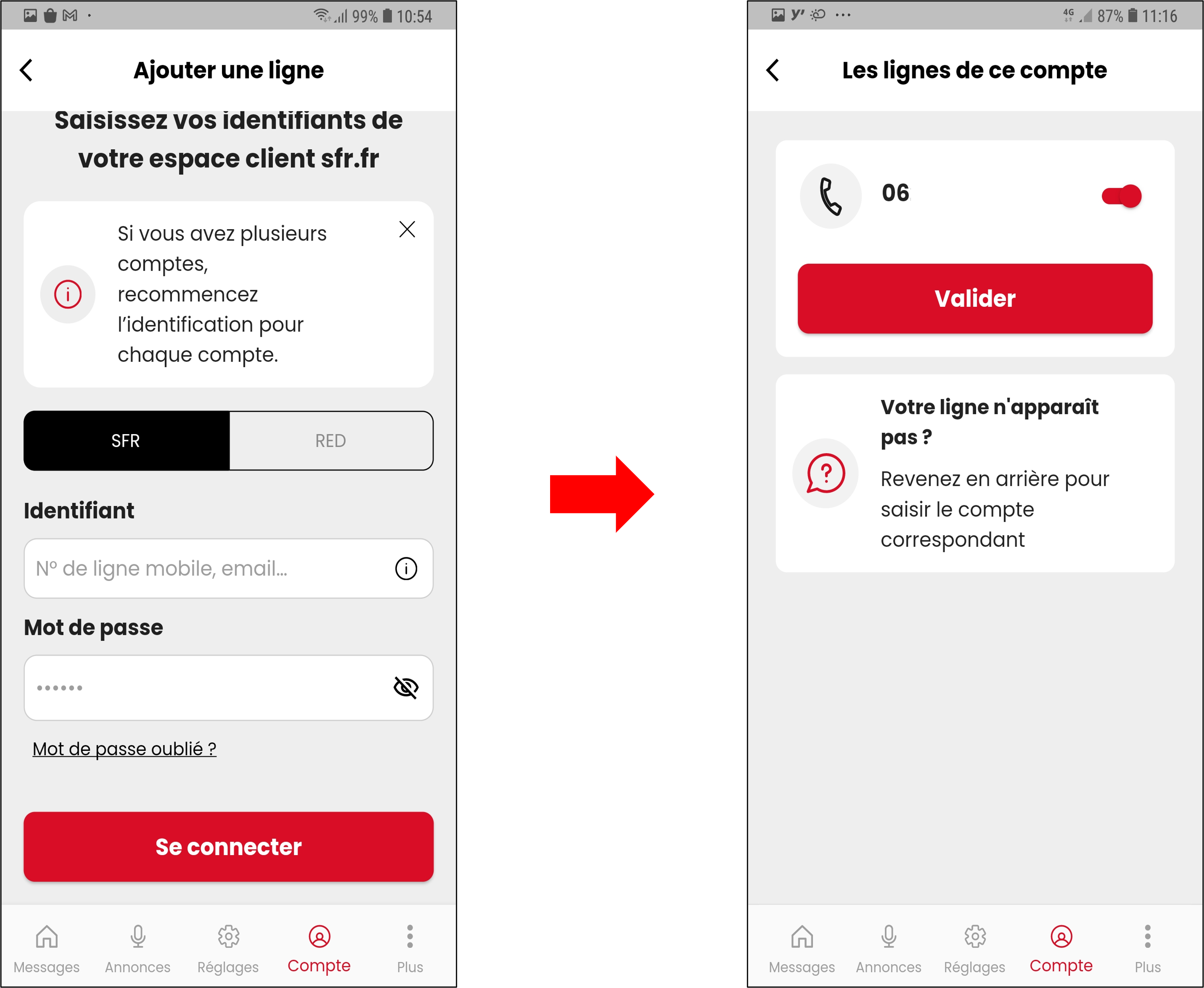 visuel présentant les étapes pour ajouter une ligne sur SFR Répondeur Plus