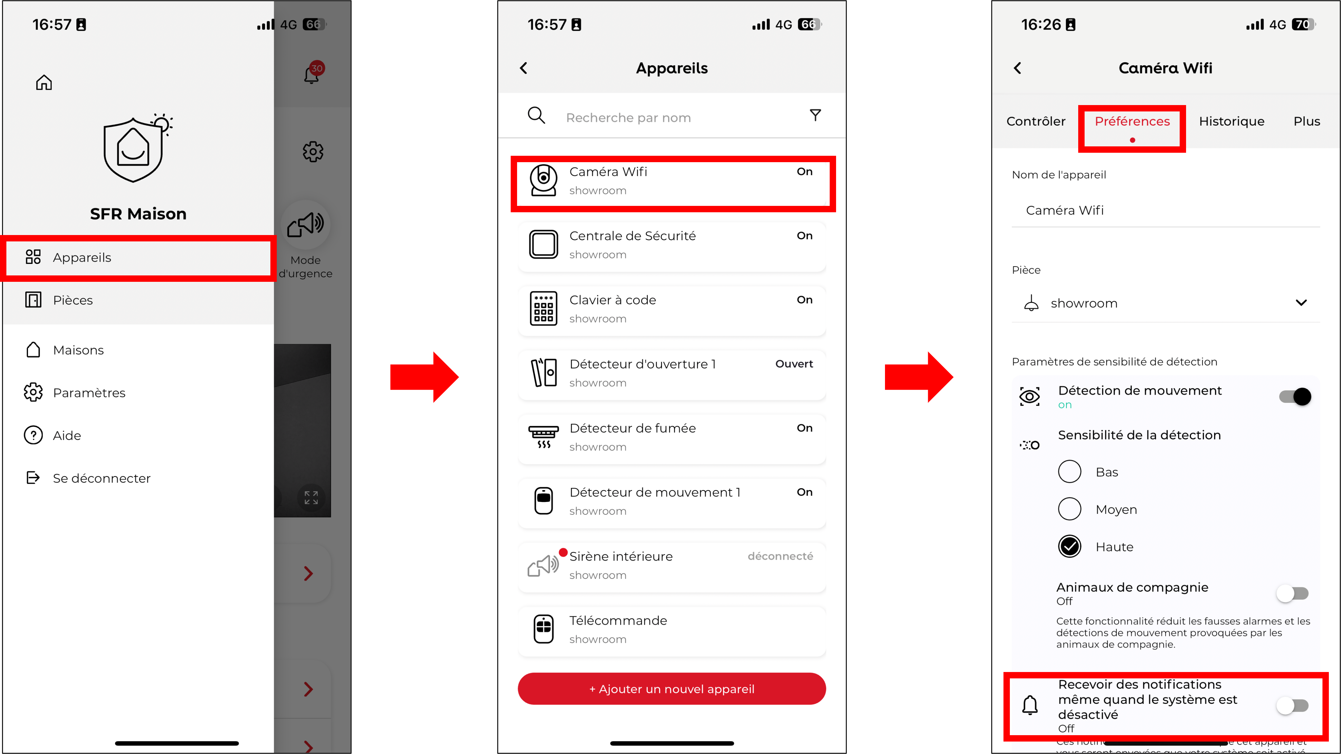 visuel du parcours sur SFR Maison pour recevoir des notifications en cas de détection de mouvement