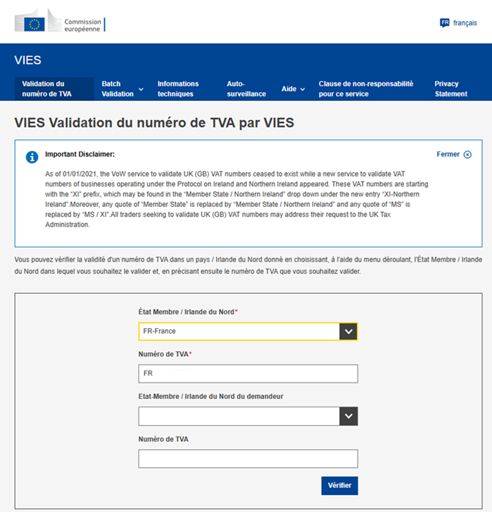 visuel présentant le champ de saisie du numéro TV pour obtenir son justificatif VIES