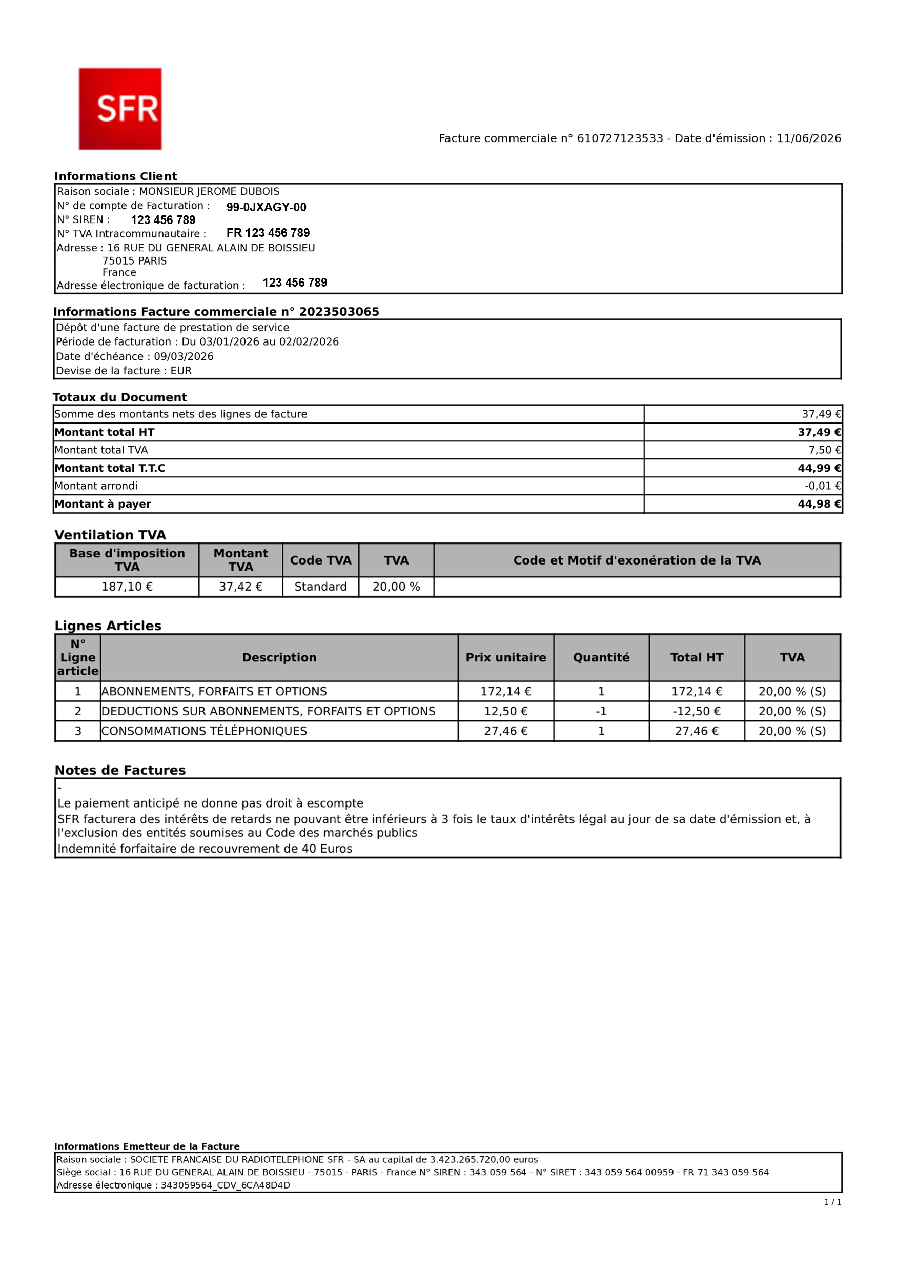 visuel de la première page d'une facture récurrente mobile SFR