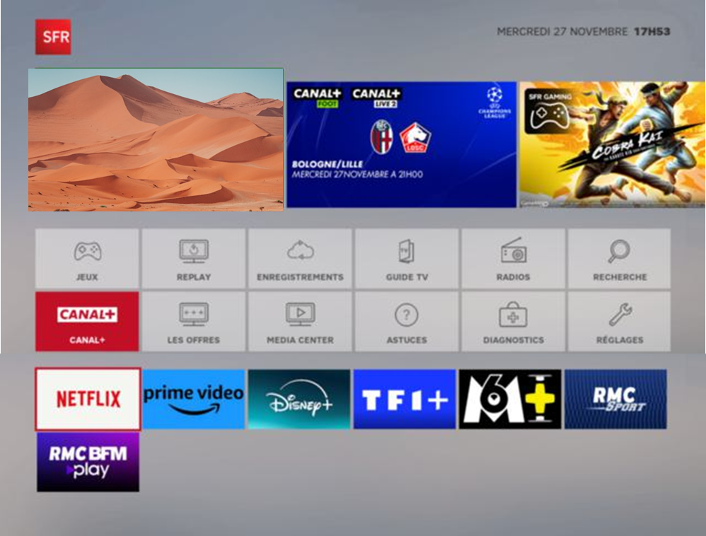 Capture d'écran TV de l'écran d'accueil du Décodeur Plus.