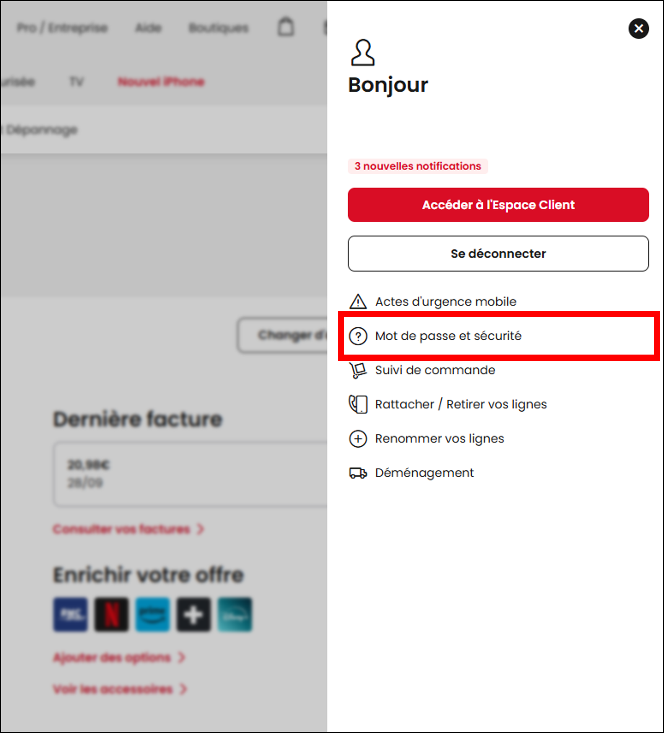 Emplacement de la ligne Mot de passe et sécurité dans l