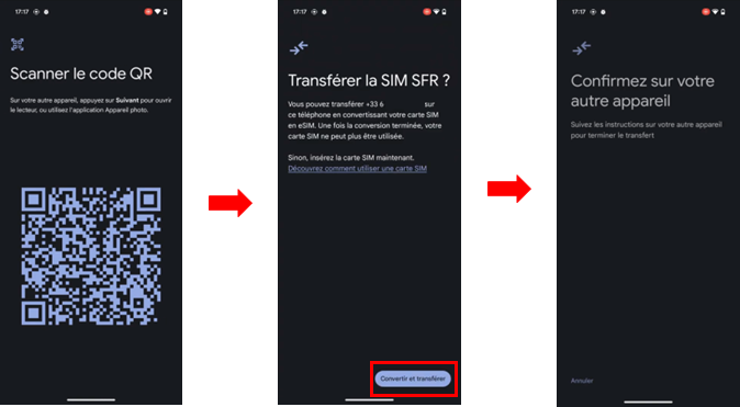 visuel présentant le parcours pour transférer sa carte SIM vers un Google Pixel puis la transformer en eSIM