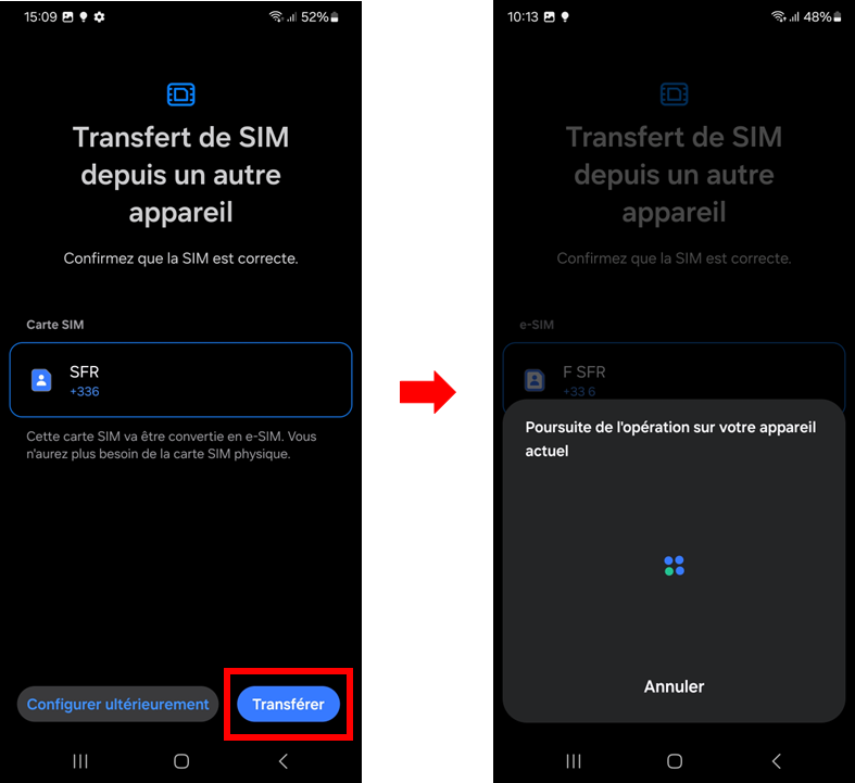 visuel présentant la suite du parcours pour transférer sa carte SIM vers un autre Samsung puis la transformer en eSIM