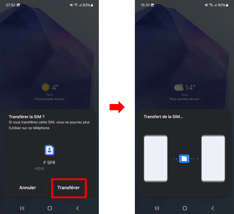 visuel présentant la suite du parcours pour transférer sa carte SIM vers un autre Samsung puis la transformer en eSIM