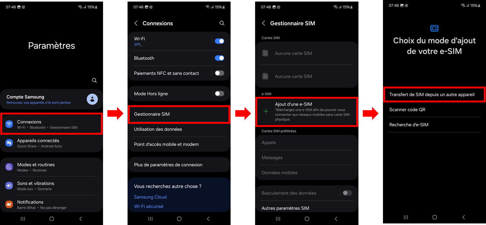 visuel présentant le parcours pour transférer son eSIM vers un autre Samsung