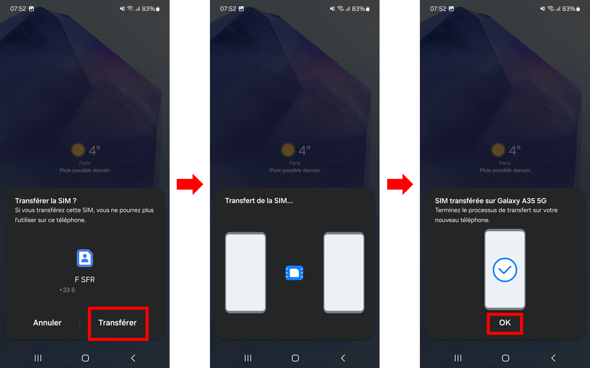 visuel présentant la suite du parcours pour transférer son eSIM vers un autre Samsung