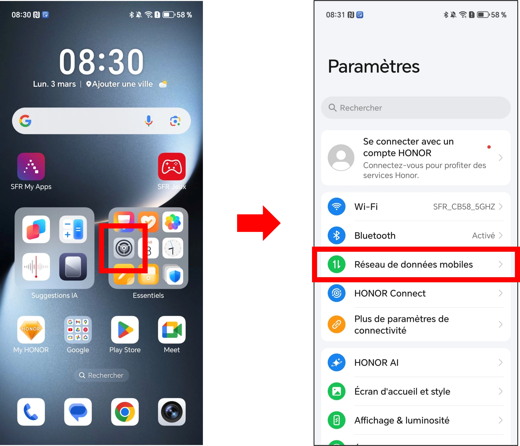 visuel présentant le parcours pour transférer sa carte SIM vers un autre Honor puis la transformer en eSIM
