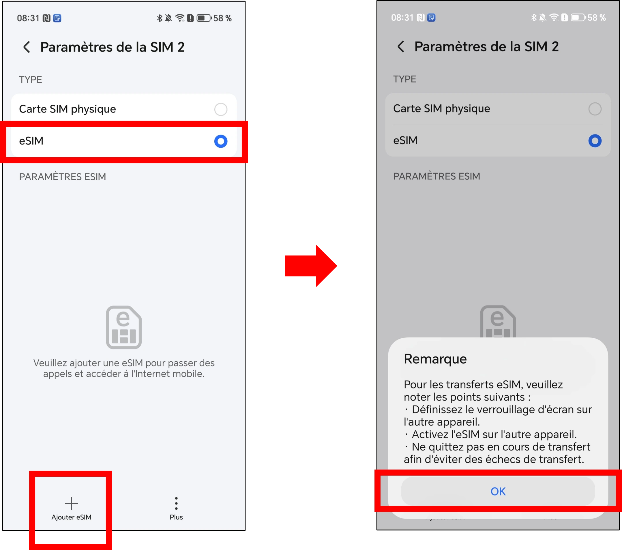 visuel présentant la suite du parcours pour transférer sa carte SIM vers un autre Honor puis la transformer en eSIM