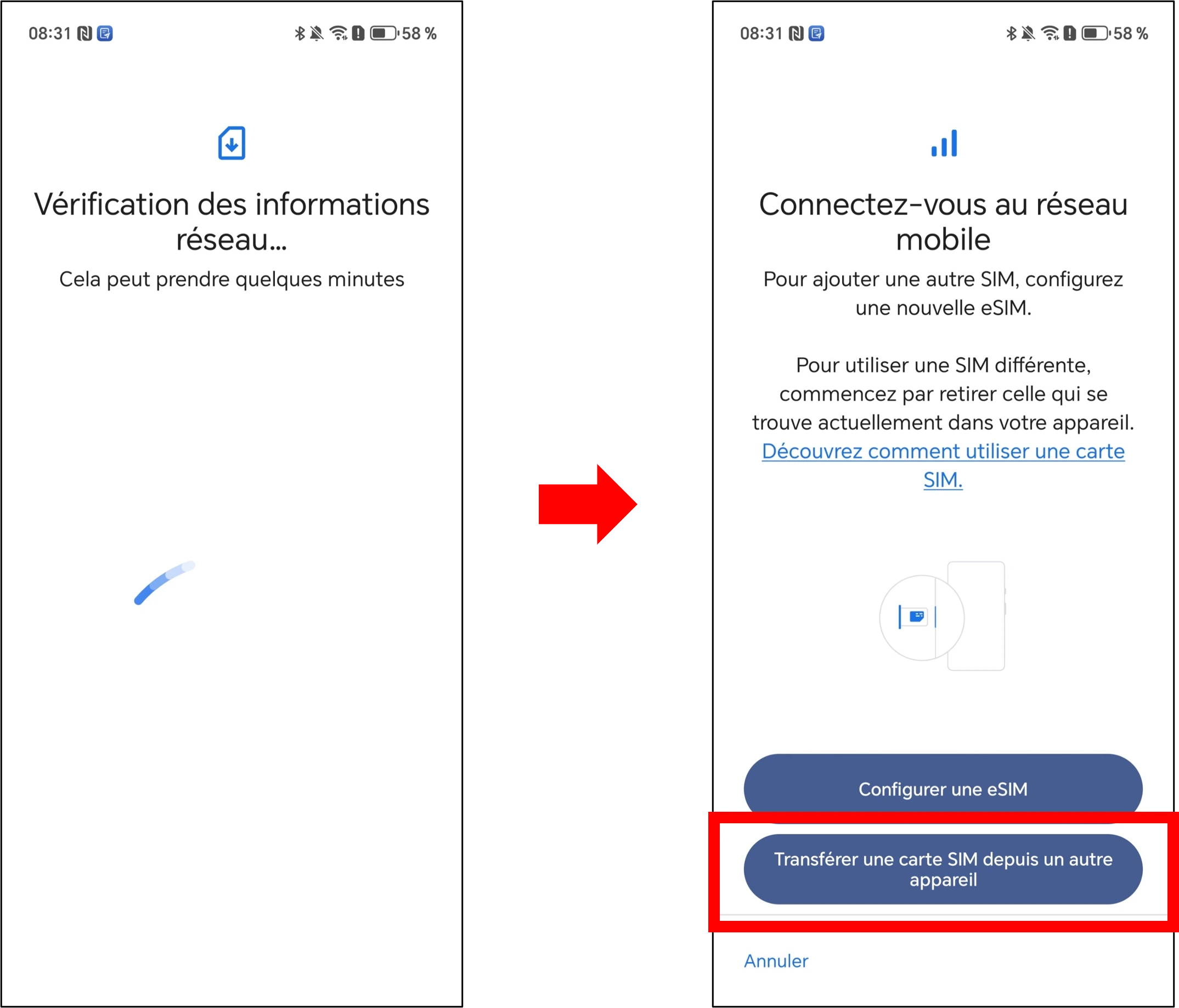 visuel présentant la suite du parcours pour transférer sa carte SIM vers un autre Honor puis la transformer en eSIM