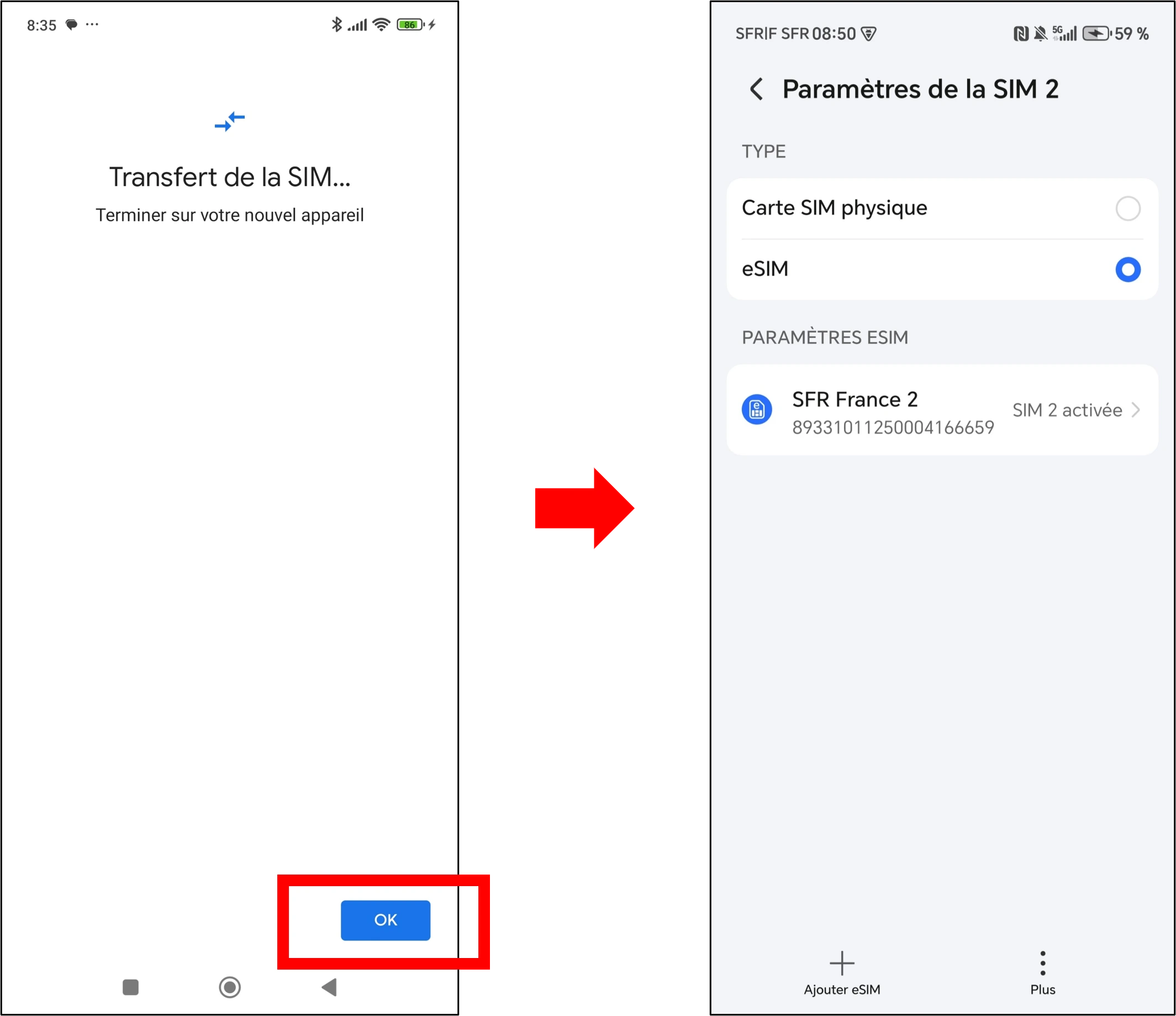 visuel présentant la suite du parcours pour transférer sa carte SIM vers un autre Honor puis la transformer en eSIM