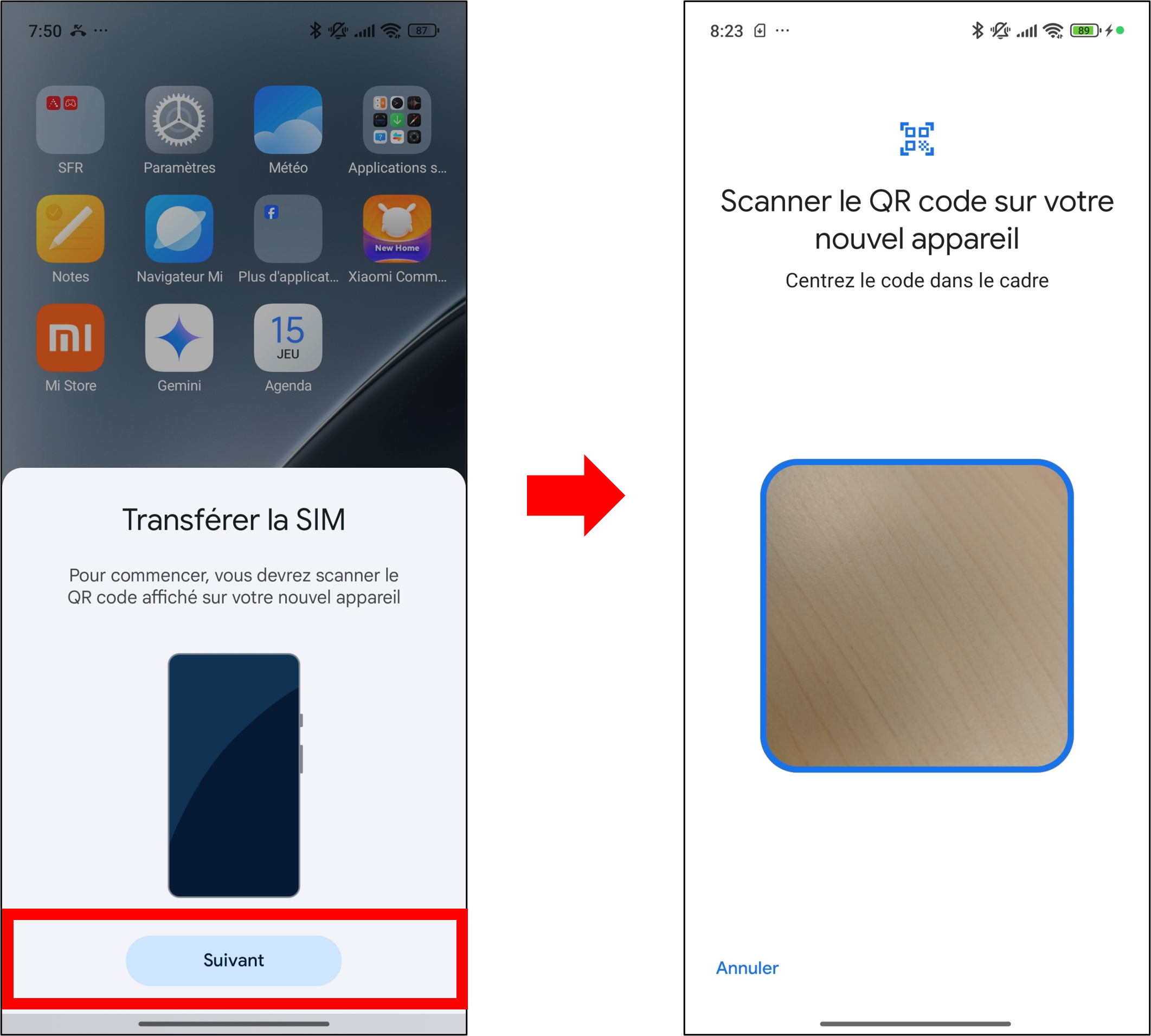 visuel présentant le parcours pour transférer son eSIM vers un autre Xiaomi
