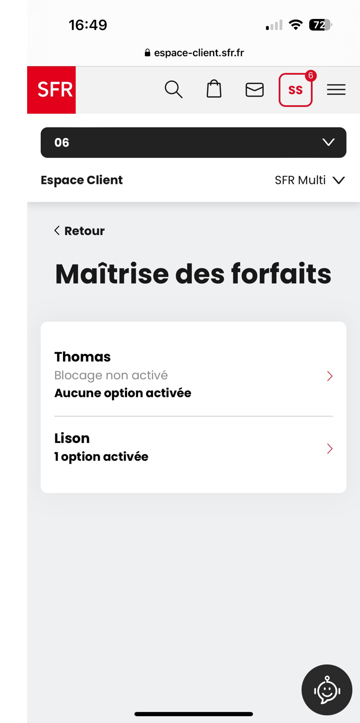 visuel de la page présentant les options associées à chaque ligne rattachée