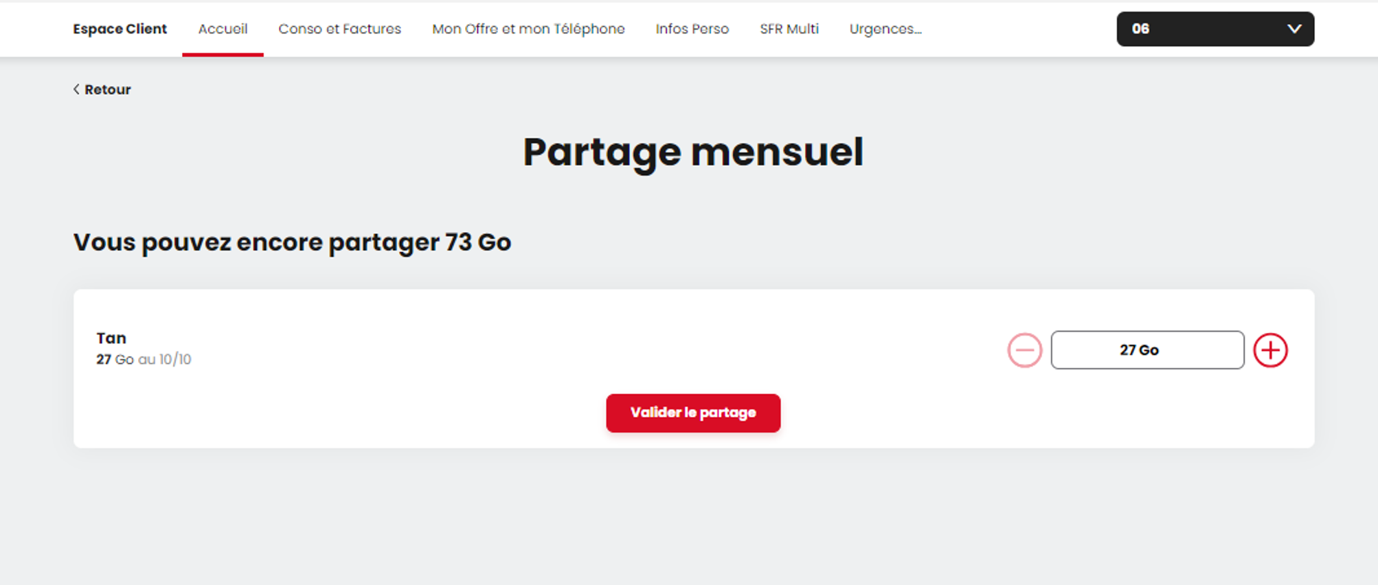 écran Partage mensuel avec SFR Multi