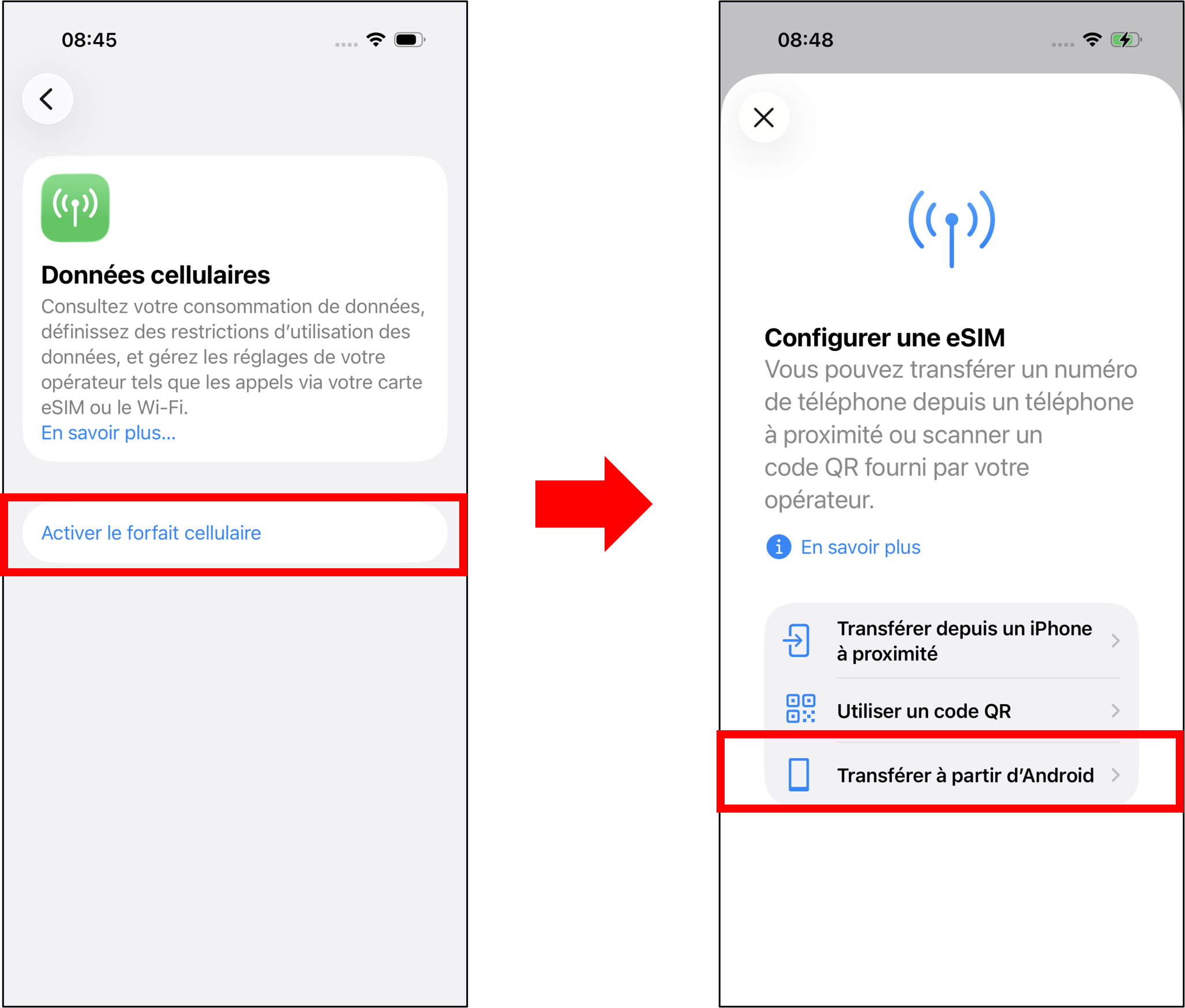 visuel présentant le parcours pour transférer sa eSIM d