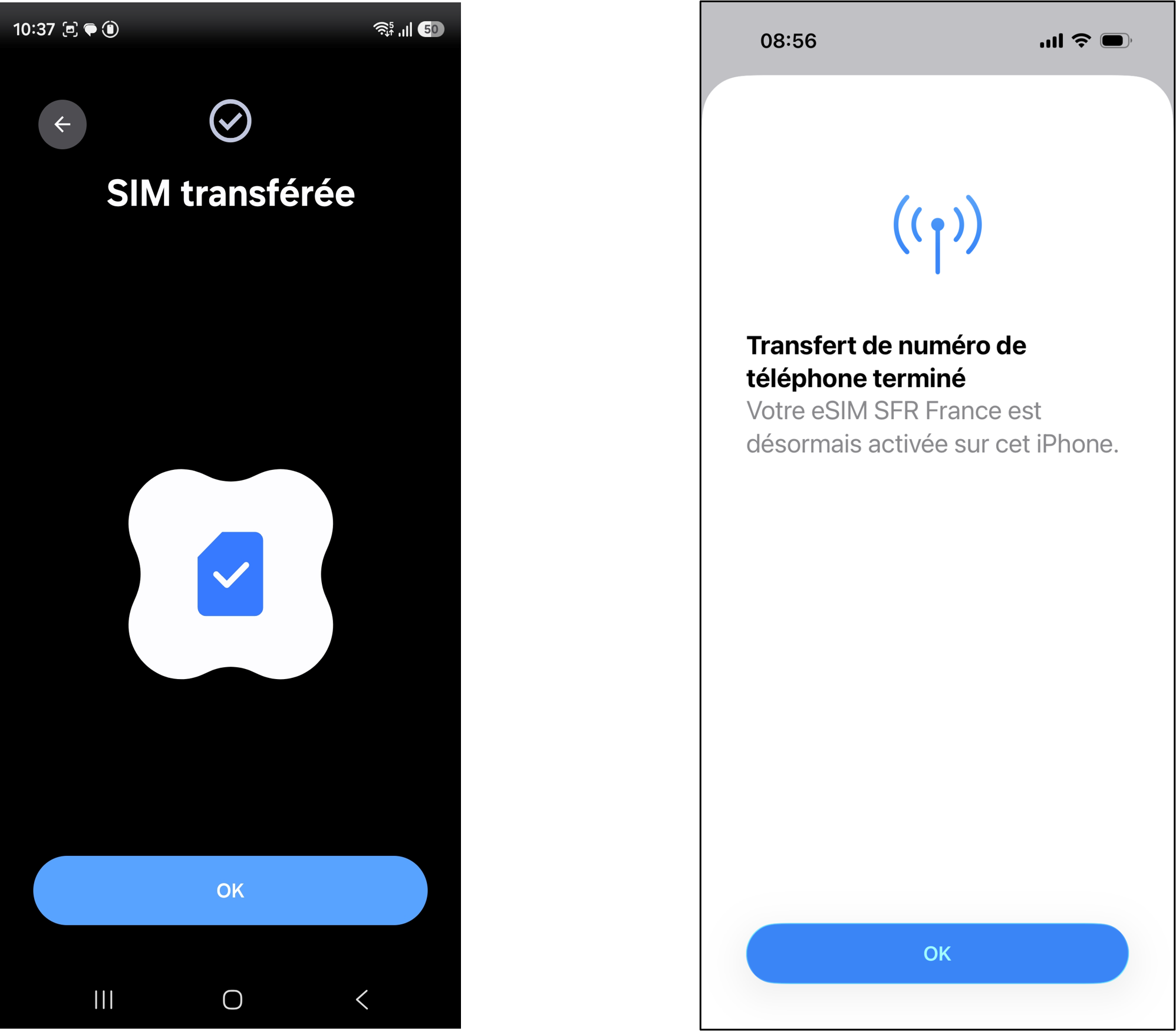 captures d'écran qui illustrent l'étape 8 du parcours pour transférer une eSIM RED d'un Samsung vers un iPhone
