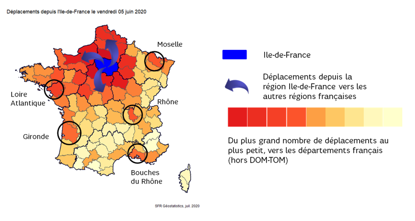 Carte des déplacements depuis l'Ile-de-France le vendredi 5 juin 2020