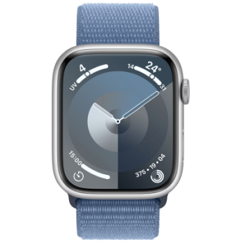 Apple Watch Series 9 - Boucle Sport boitier Argent et bracelet Bleu