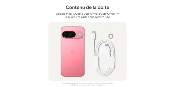 Contenu de la boîte - Google Pixel 9, Câble USB-C vers USB-C de 1m (USB 2.0) et outil pour la carte SIM