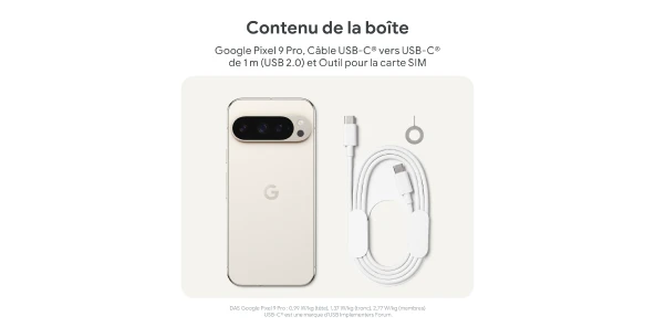 Contenu de la boîte - Google Pixel 9 Pro, Câble USB-C vers USB-C de 1m (USB 2.0) et outil pour la carte SIM