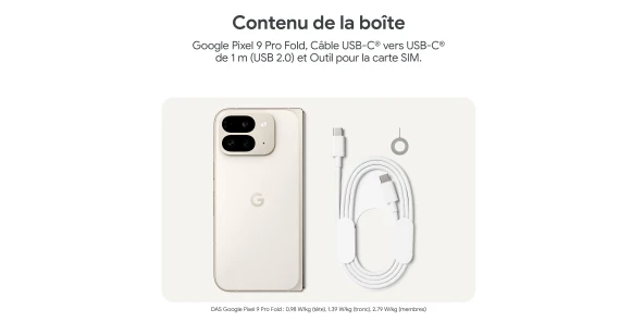 Contenu de la boîte - Google Pixel 9 Pro Fold, Câble USB-C vers USB-C de 1m (USB 2.0) et outil pour la carte SIM