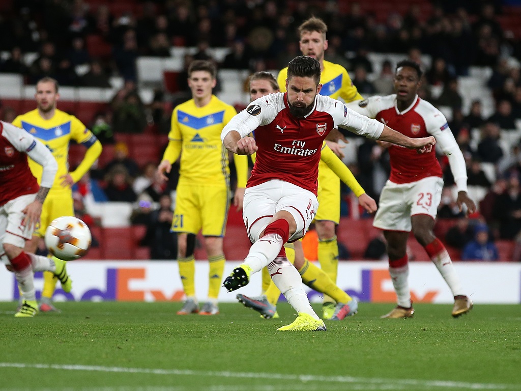 Buteur sur penalty face au BATE Borisov face à Arsenal en Ligue Europa