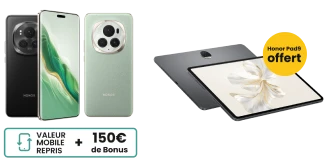 Le téléphone HONOR Magic6 Pro avec logo reprise mobile de 150€ + visuel de la tablette Honor Pad9 offerte