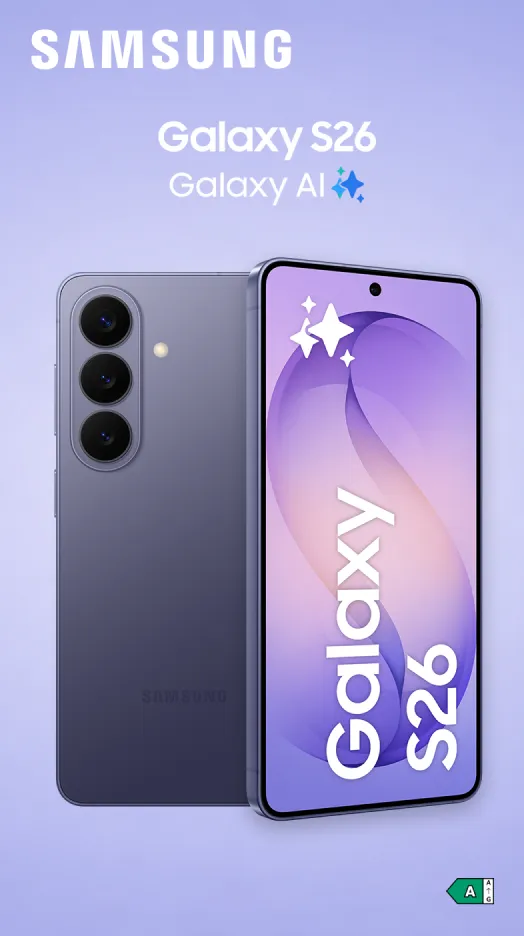 Samsung Galaxy S26 avec Galaxy AI. Classe énergétique A sur une échelle de A à G