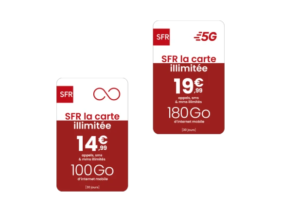 SFR La carte illimitée : 14,99€ appels, SMS & MMS illimités, 100 Go d'internet mobile pendant 30 jours. SFR La carte illimitée : 19,99€ appels, SMS & MMS illimités, 180 Go d'internet mobile pendant 30 jours.