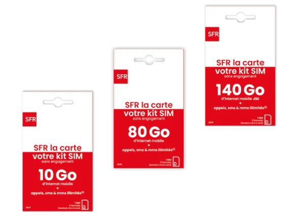 SFR La carte, votre kit SIM sans engagement 10 Go d'internet mobile plus appels, sms et mms illimités. SFR La carte, votre kit SIM sans engagement 80 Go d'internet mobile plus appels, sms et mms illimités. SFR La carte, votre kit SIM sans engagement 140 Go d'internet mobile 5G plus appels, sms et mms illimités.