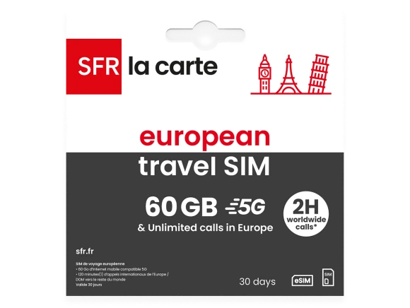 SFR La carte european travel SIM 60 GB 5G & unlimited calls in Europe 2H worldwide calls* for 30 days