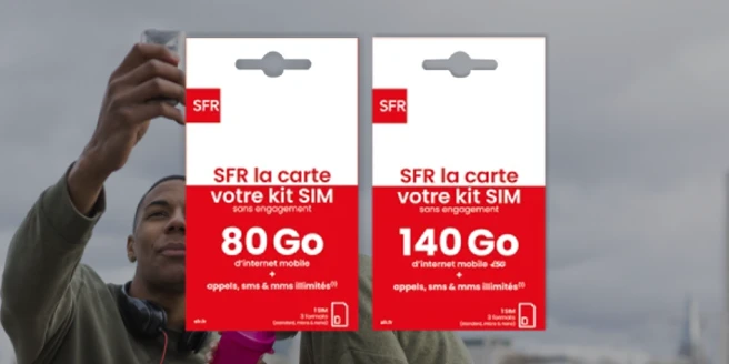 SFR La carte, votre kit SIM sans engagement 80 Go d'internet mobile plus appels, sms et mms illimités. SFR La carte, votre kit SIM sans engagement 140 Go d'internet mobile plus appels, sms et mms illimités.