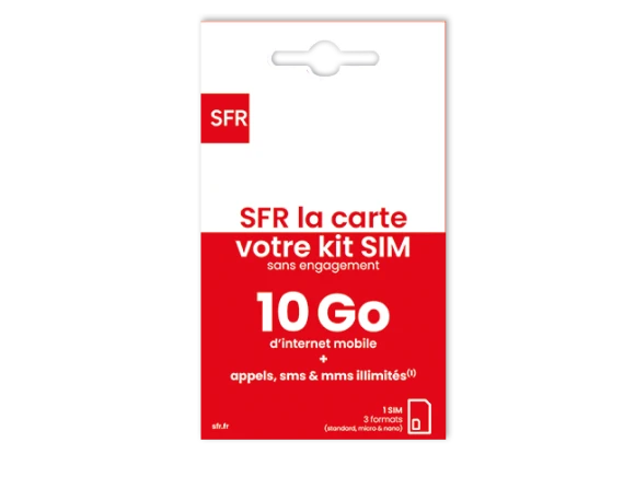 SFR La carte, kit SIM sans engagement 10 Go d'internet mobile plus appels, sms et mms illimités.