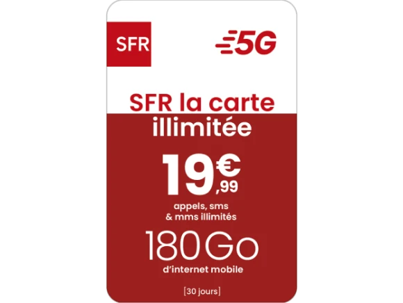 SFR La carte illimitée : 19,99€ appels, SMS & MMS illimités, 180 Go d'internet mobile pendant 30 jours.