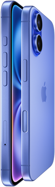 Deux iPhone 16, vue latérale, écrans face à face en finition outremer, boutons de réglage du volume, bouton Action, bouton latéral, bouton Commande de l’appareil photo, logo Apple au centre, système avancé à deux caméras en saillie
