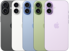 iPhone 17, face arrière, système à deux caméras Fusion, cinq couleurs superposées : noir, blanc, sauge, brume et lavande