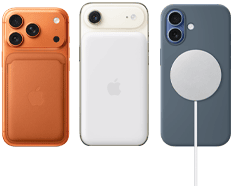 iPhone 17 Pro, face arrière, coloris orange cosmique, avec coque en silicone couleur sienne et Porte-cartes en tissage fin avec MagSafe couleur roux orangé ; iPhone Air, face arrière, coloris blanc nuage, avec Batterie Magsafe ; iPhone 17, face arrière, coloris brume, avec coque en silicone couleur bleu maritime et chargeur MagSafe