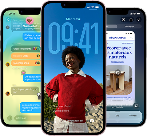 Trois iPhone 17e affichant l’app Messages avec le design Liquid Glass, l’écran verrouillé dynamique et Intelligence visuelle en cours d’utilisation