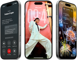 3 modèles d’iPhone 17 Pro, face avant, côte à côte, démontrant iOS 26, l’effet Liquid Glass et Apple Intelligence