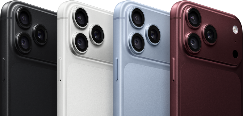 Plusieurs iPhone 18 Pro alignés, face arrière,                                                                dans les quatre finitions : bordeaux, glacier, argent,                                                                noir, système caméra Pro Fusion dans le coin supérieur                                                                gauche, 3 objectifs, micro, flash