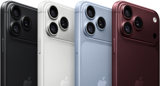 Plusieurs                                                                iPhone 18 Pro alignés, face arrière, dans les quatre                                                                finitions : bordeaux, glacier, argent, noir, système                                                                caméra Pro Fusion dans le coin supérieur gauche, 3                                                                objectifs, micro, flash