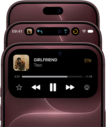 Trois iPhone 18 Pro bordeaux disposés en éventail                                                                pour montrer différents modes de Dynamic Island :                                                                désactivé, réduit, agrandi