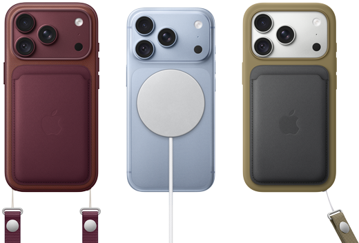 De                                                gauche à droite, iPhone 18 Pro dans une coque en cuir bordeaux avec une                                                dragonne bordeaux, iPhone 18 Pro au centre dans une coque glacier avec                                                un chargeur MagSafe blanc connecté, iPhone 18 Pro argent à droite avec                                                un porte-cartes en cuir vert et une dragonne.