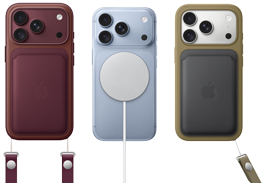 De gauche à                                                droite, iPhone 18 Pro dans une coque en cuir bordeaux avec une dragonne                                                bordeaux, iPhone 18 Pro au centre dans une coque glacier avec un                                                chargeur MagSafe blanc connecté, iPhone 18 Pro argent à droite avec un                                                porte-cartes en cuir vert et une dragonne.